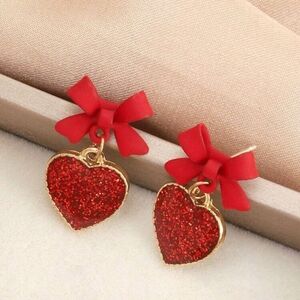 Pretty Red Heart Earrings with Sparkle Bow New!